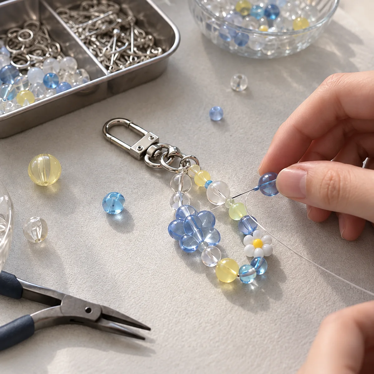 투명한 비즈와 파란 비즈를 순서대로 연결하는 손